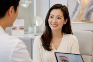 Adult patient discussing Upneeq treatment options for mild droopy eyelids in NYC aesthetic clinic