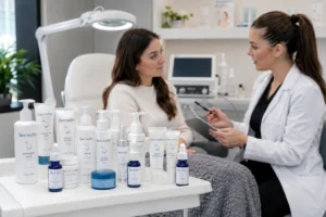 Face Reality Skincare products used during a professional acne consultation.