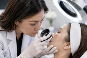 Dermatology provider evaluating facial skin before personalized treatment.
