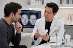 Professional skincare consultation explaining common men skincare mistakes.