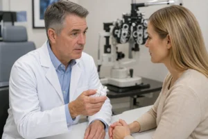 Doctor reviewing Upneeq side effects and safety information with a patient.