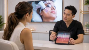Doctor explaining laser skin rejuvenation treatment during a personalized consultation.