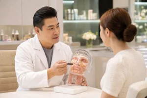 Experienced aesthetic physician explaining a personalized skin tightening laser treatment plan using a facial anatomy model during a cosmetic consultation in New York City