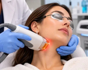 Woman receiving skin tightening laser treatment to discuss skin laser treatment price and cost options
