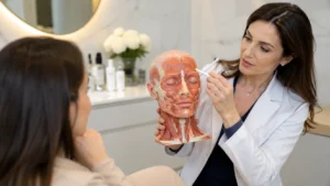 Physician explaining facial muscles during a brow lift botox consultation