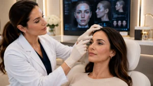 Physician evaluating facial anatomy before a personalized brow lift Botox treatment