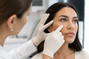 Experienced provider assessing tear troughs before under-eye filler treatment.