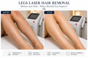 Legs laser hair removal before and after showing smoother, hair-free skin after professional laser