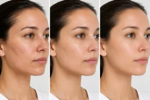 PRP face before and after results showing healthier skin texture and collagen improvement after PRP microneedling face treatment