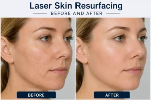 Laser skin resurfacing before and after results showing smoother skin, improved texture, and a more even complexion