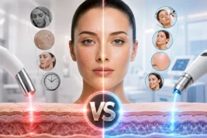 Laser Skin Resurfacing myths vs. facts illustration showing skin rejuvenation treatment, laser therapy, and healthy glowing skin
