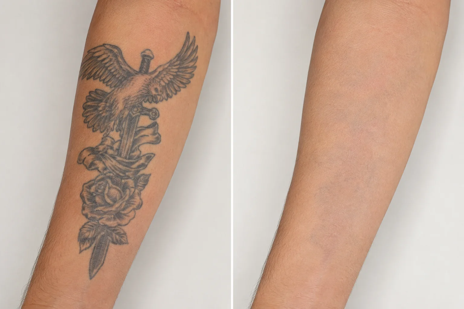 Laser tattoo removal before and after results showing faded tattoo and clear skin