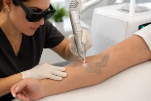 Advanced laser tattoo removal machine treating tattoo ink during a professional aesthetic procedure