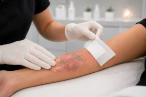 Patient following laser tattoo removal aftercare with healing skin after treatment