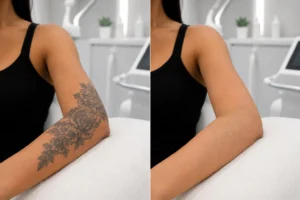 Laser tattoo removal before and after results showing significant tattoo fading and clearer skin