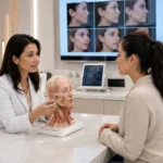 Board-certified aesthetic provider explaining a facelift non surgical procedure using a facial anatomy model during a consultation in Flushing, Queens.