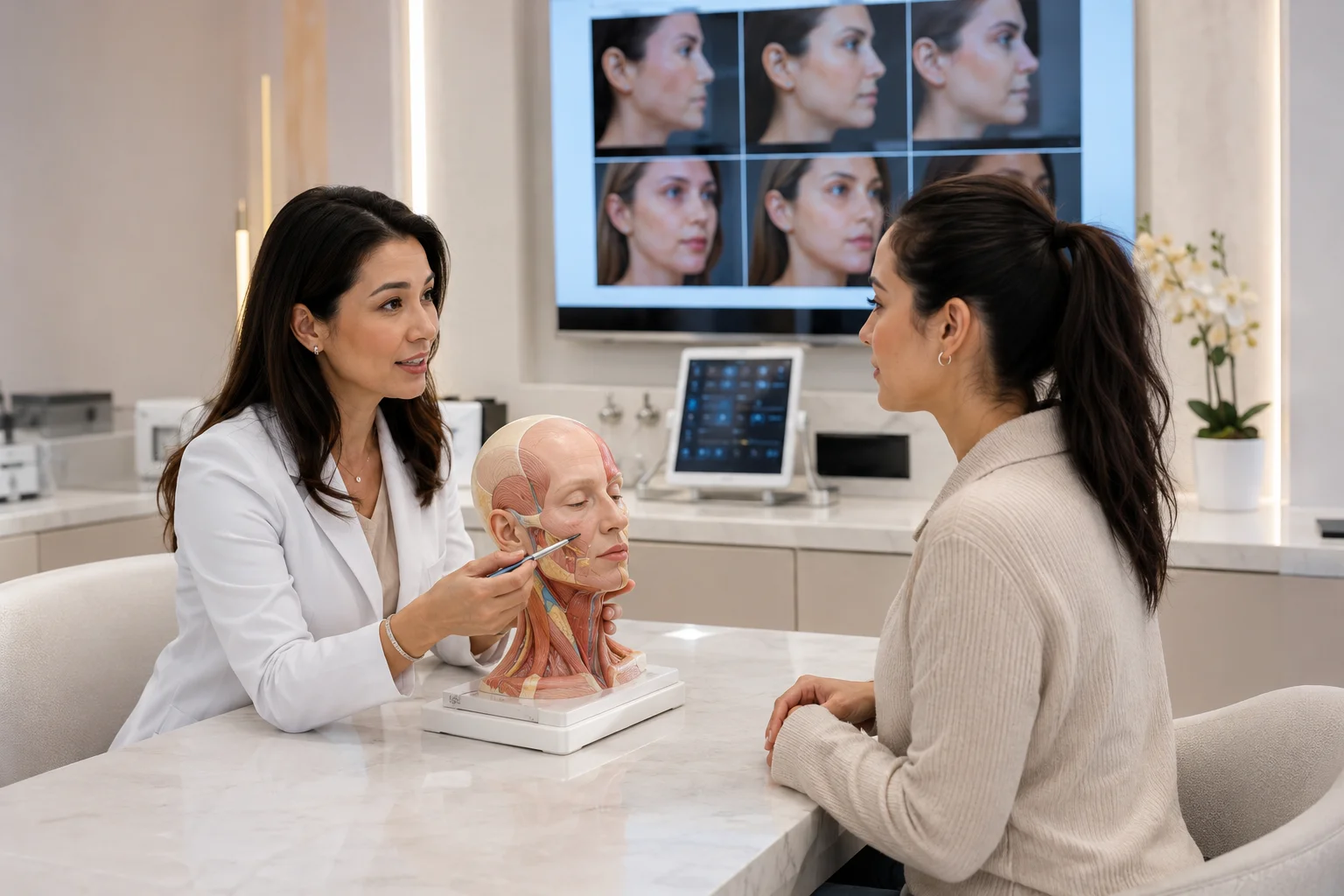 Board-certified aesthetic provider explaining a facelift non surgical procedure using a facial anatomy model during a consultation in Flushing, Queens.