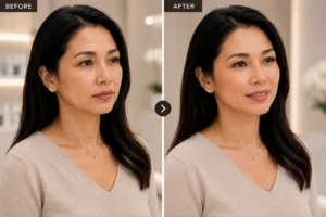 Before and after results of a facelift non surgical procedure showing natural facial rejuvenation and improved facial contours.