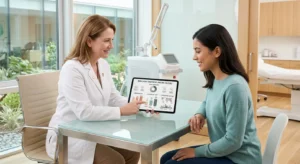Doctor and patient discussing skin tightening laser treatment and overall skin laser treatment price.