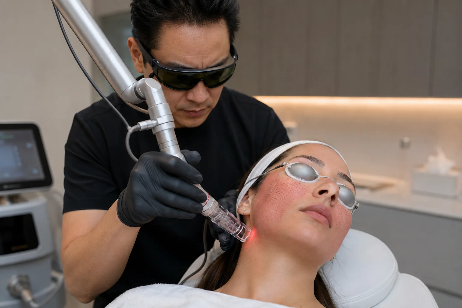 CO2 laser healing process during facial skin resurfacing treatment at a medical spa in Flushing NYC