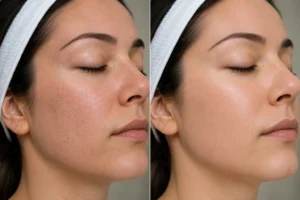 Close-up of healthy skin healing after CO2 laser treatment with improved texture