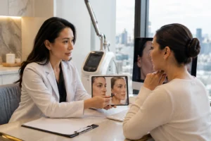 Dermatology provider explaining CO2 laser healing process during consultation in Queens NYC