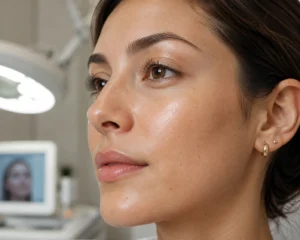 Close-up of healthy glowing facial skin after professional skin rejuvenation treatment. Natural texture, realistic pores, soft lighting, dermatology clinic setting, medical aesthetics, photorealistic, 8K.