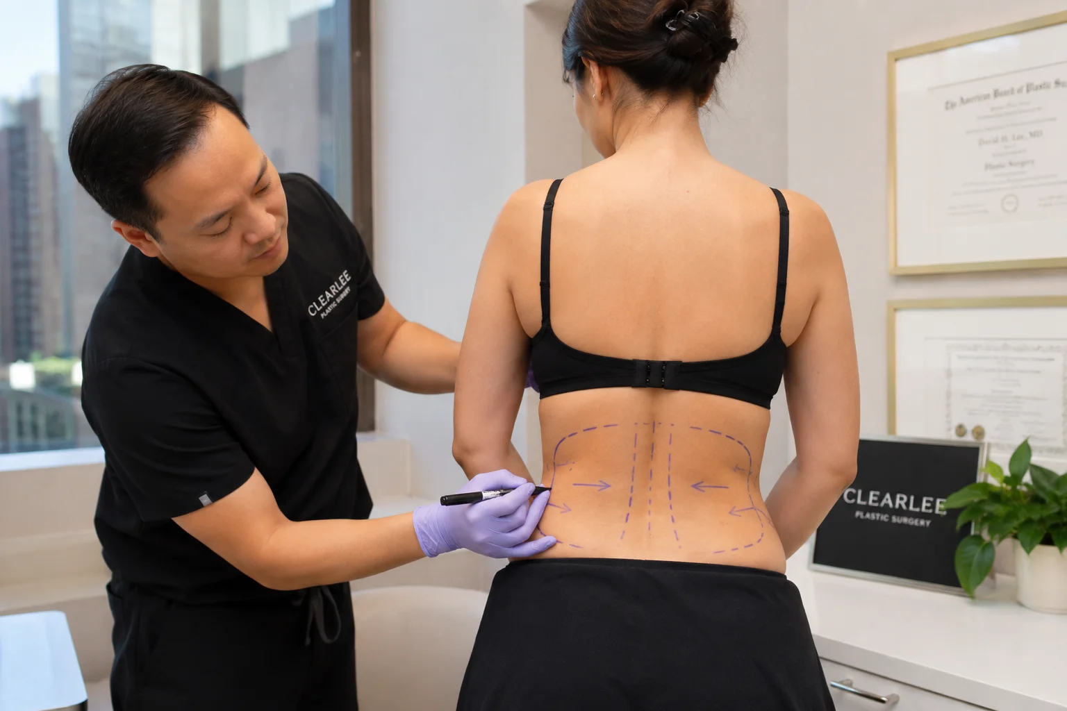 Surgeon marking donor fat areas before a skinny BBL procedure in Flushing NYC