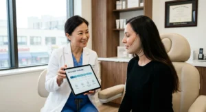 Doctor explaining double chin lipo recovery timeline to patient