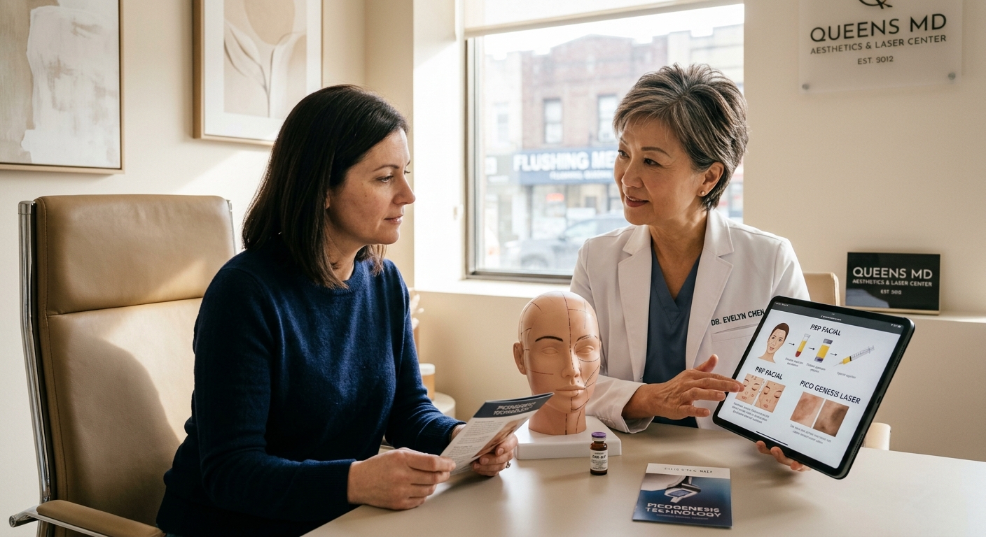 Use a photorealistic doctor-patient consultation as the feature image rather than a dramatic before-and-after. The strongest concept is an experienced aesthetic physician discussing PRP in face and Pico Genesis laser treatment with an adult patient in a premium Flushing, Queens medical aesthetics clinic. This visually supports expertise, personalized planning, and realistic treatment expectations.