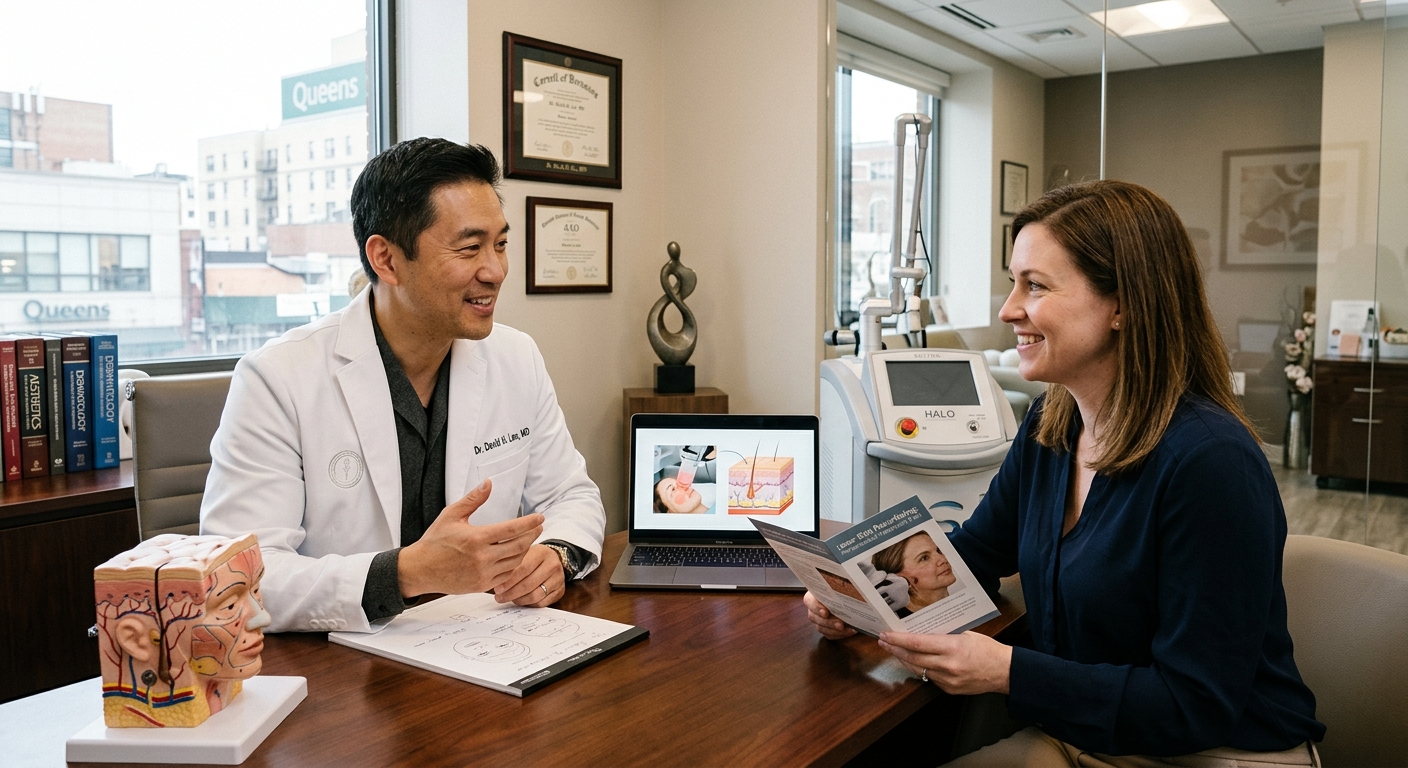 Dr. David H. Lee consulting a patient about skin laser treatment cost and options in a modern clinic
