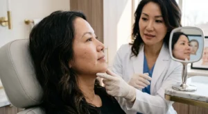 Doctor evaluating patient for double chin lipo suitability