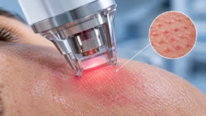Fractional CO2 laser treatment creating microscopic columns for collagen stimulation