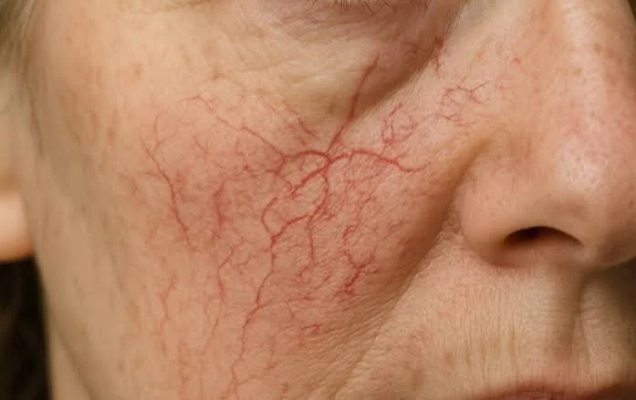 Visible spider angioma on cheek with radiating facial blood vessels, spider angioma face
