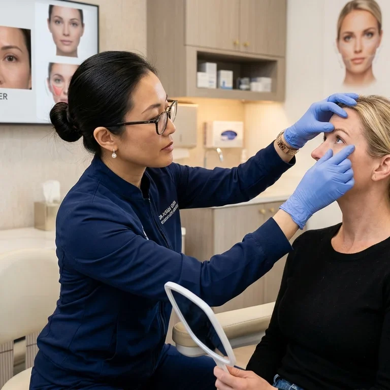 An experienced female oculoplastic surgeon in a modern NYC aesthetic clinic carefully evaluating a patient's eyelids during a consultation