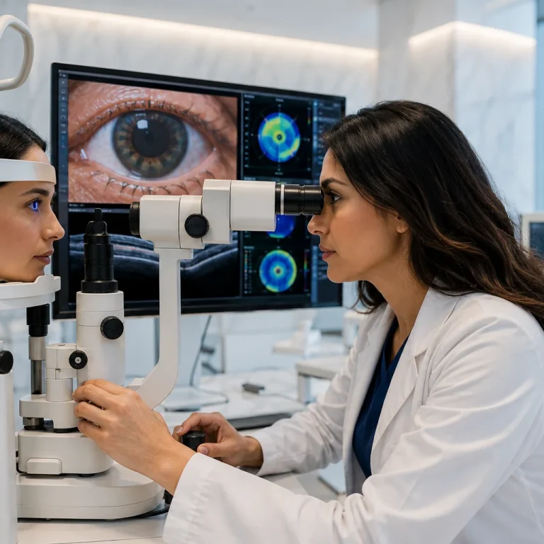 Dry eye specialist near me performing an advanced eye examination using modern diagnostic technology in a premium ophthalmology clinic.