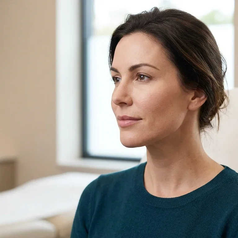 Realistic chin lipo results shown in a three-quarter portrait, emphasizing subtle facial contouring along the jawlin