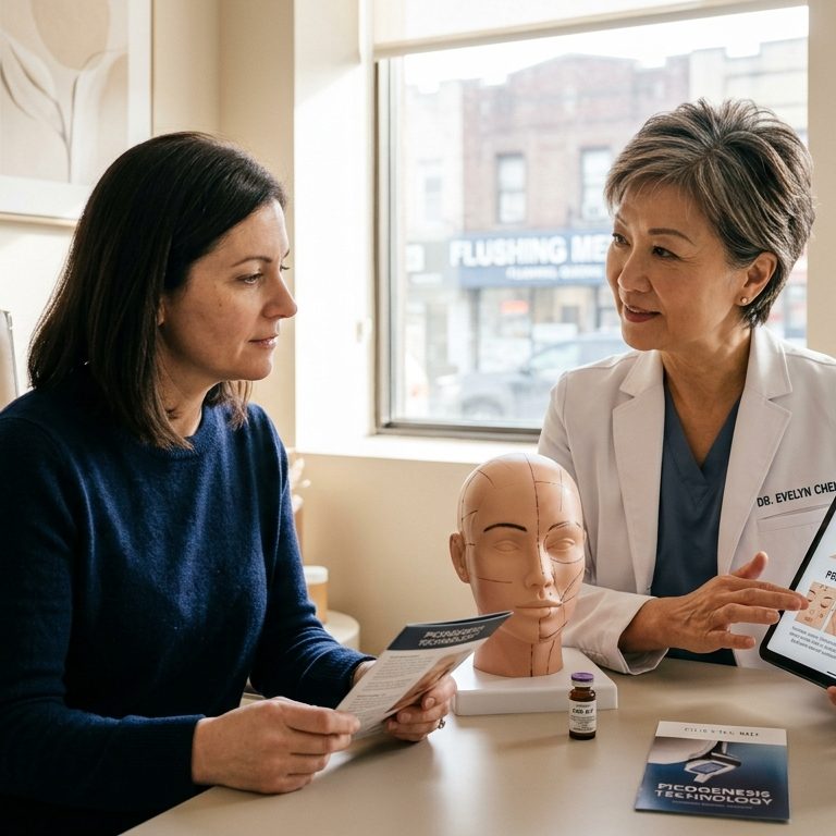 Use a photorealistic doctor-patient consultation as the feature image rather than a dramatic before-and-after. The strongest concept is an experienced aesthetic physician discussing PRP in face and Pico Genesis laser treatment with an adult patient in a premium Flushing, Queens medical aesthetics clinic. This visually supports expertise, personalized planning, and realistic treatment expectations.