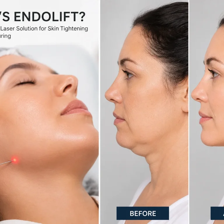 whats endolift​treatment showing laser skin tightening procedure with before and after jawline results