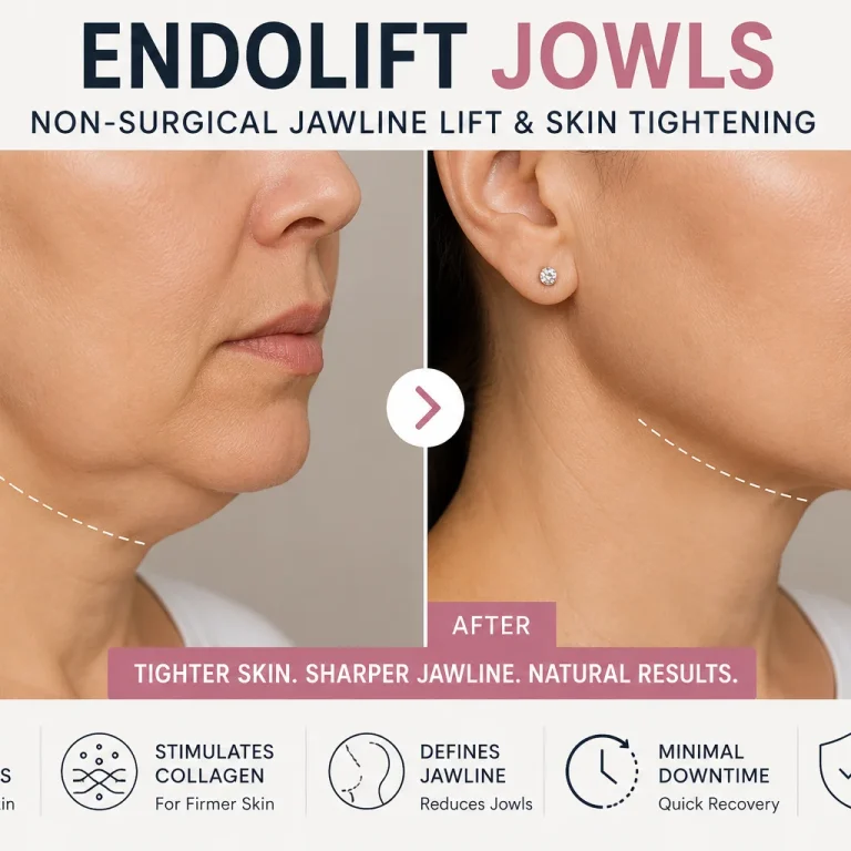 endolift jowls before and after results showing non surgical jawline lift and skin tightening with visible reduction in sagging jowls