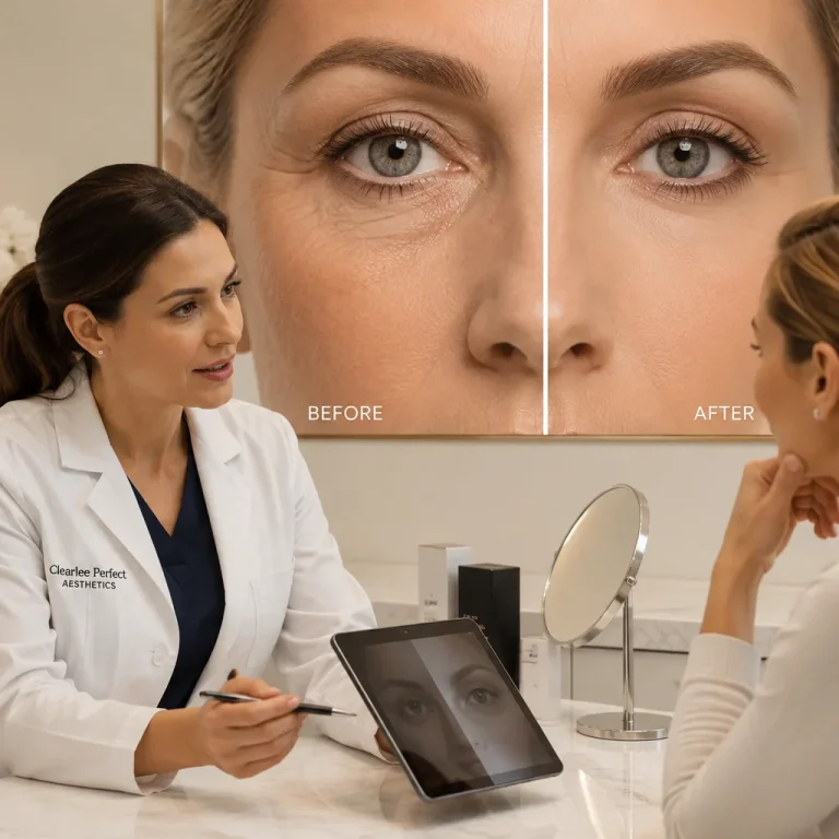 High-end aesthetic clinic consultation showing upper blepharoplasty celebrities inspired eyelid surgery before and after discussion in a luxury medical environment
